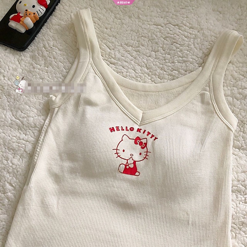 Áo Lót Dạng Vest Bằng Cotton Phối Nhung Dày Họa Tiết Hoạt Hình Sanrioed Hello Kitty Thời Trang Cho Bé Gái