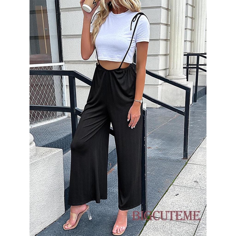 [] Quần Yếm Dài Ống Rộng Lưng Cao Không Tay Màu Đen Giản Dị Dành Cho Nữ