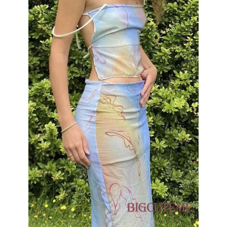 Áo Hai Dây Cổ Vuông Họa Tiết Màu Nhuộm Thời Trang Cho Nữ