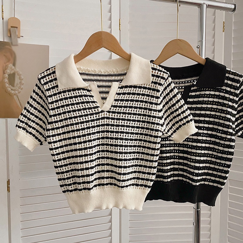 Áo Croptop Dệt Kim Tay Ngắn Cổ Bẻ Họa Tiết Kẻ Sọc Màu Tương Phản Thời Trang Cho Nữ
