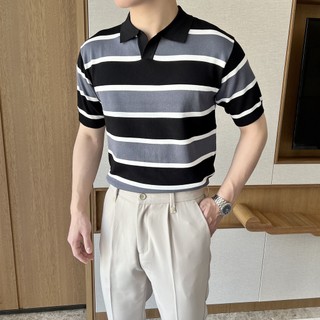 Áo Thun POLO Dệt Kim Lụa Lạnh Tay Lửng Kẻ Sọc Cổ Bẻ Phong Cách Retro Mùa Xuân Mới Cho Nam