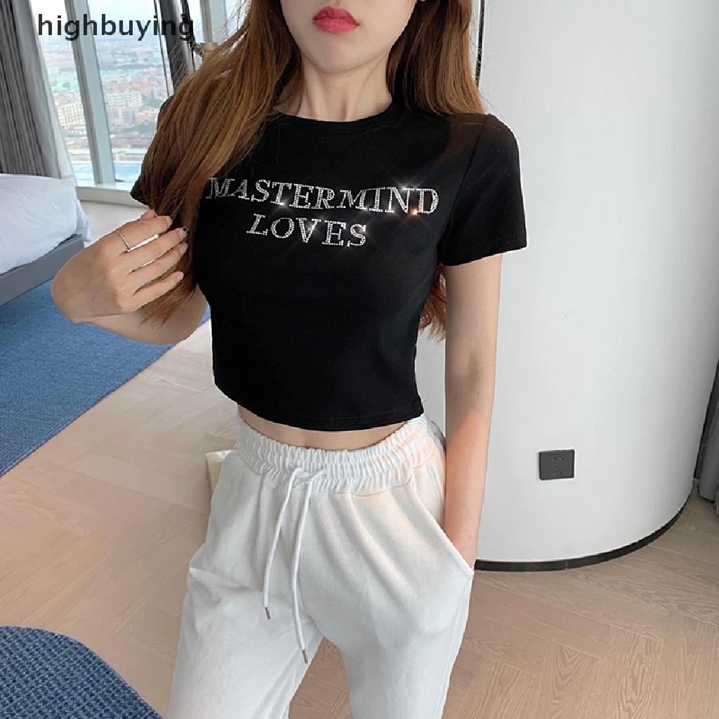 Áo Thun Croptop Ngắn Tay Cổ Tròn In Chữ Đính Đá Lấp Lánh Phong Cách Retro Cho Nữ