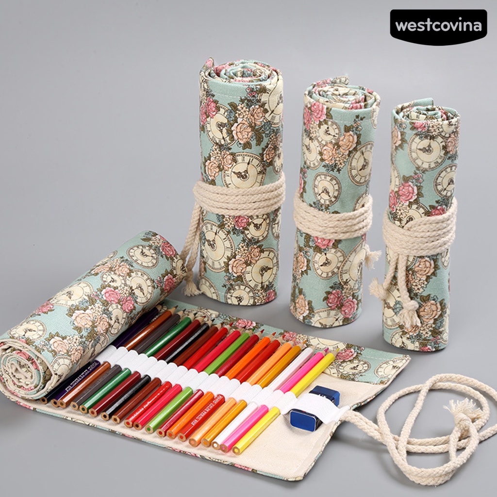 [COD]♪Túi Đựng Bút Dạng Cuộn 12 / 24 / 36 / 48 / 72 Lỗ Bằng Vải Canvas In Họa Tiết Hoa Hồng Sức Chứa Lớn
