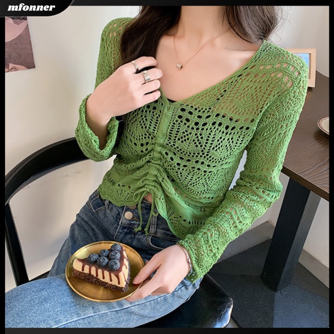 Áo Kiểu Dệt Kim Tay Dài Dáng Rộng Cổ Chữ V Phối Dây Rút Thời Trang Cho Nữ