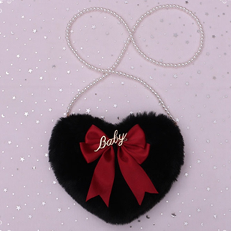 Sang Trọng Túi Đeo Vai Nhung Lông Đính Nơ Ngọc Trai Hình Trái Tim Dễ Thương Phong Cách Lolita Nhật