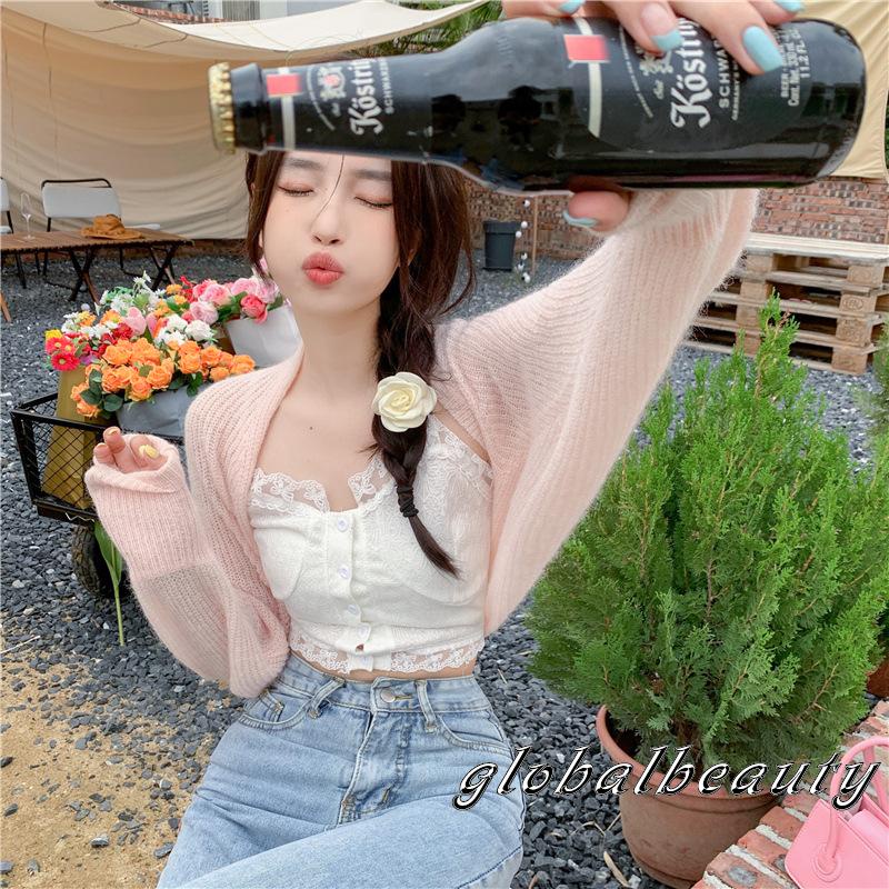 Áo Khoác Cardigan Dệt Kim Tay Dài Chống Nắng Màu Trơn Hở Phía Trước Bolero Shrug Cho Nữ