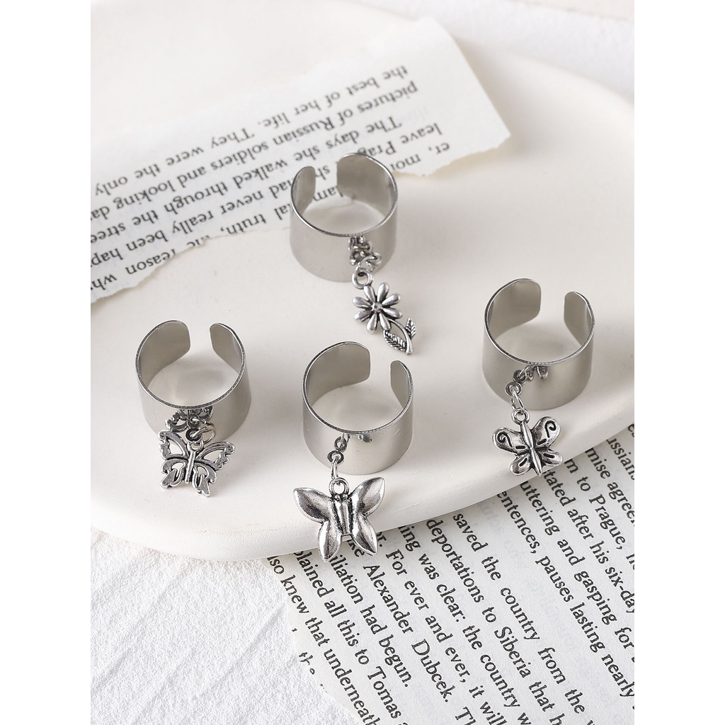 Bộ 4 Khuyên Tai Bạc Mặt Hình Hoa Và Bướm Thời Trang Cho Nữ