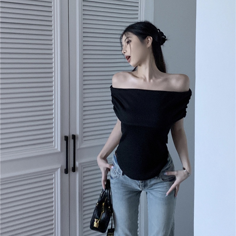 IELGY Áo sweater Dệt Kim Trễ Vai Tay Ngắn Màu Trắng Phong Cách Cổ Điển Thời Trang Cho Nữ