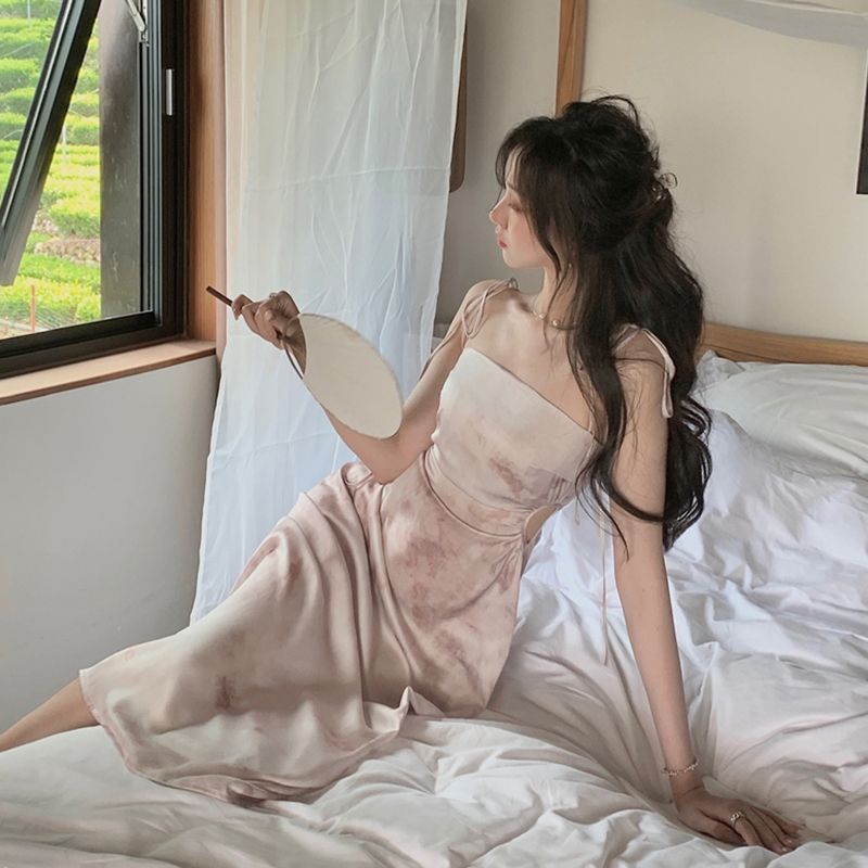 [Đầm Hai Dây] F &amp; X Satin Hai Dây Dáng Ôm In Họa Tiết Rỗng Nhẹ Nhàng Phong Cách Trung Hoa Thanh Lịch Cao Cấp Quyến Rũ Dành Cho Nữ