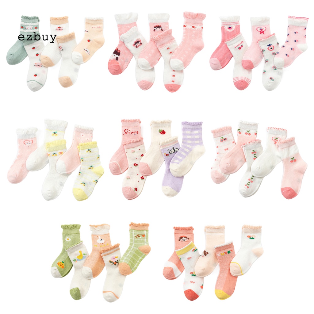 [EY] Set 5 Đôi Tất Lưới Mỏng Thoáng Khí Chống Mài Mòn In Họa Tiết Hoạt Hình Ngang Mắt Cá Chân Cho Bé Gái Trong Nhà