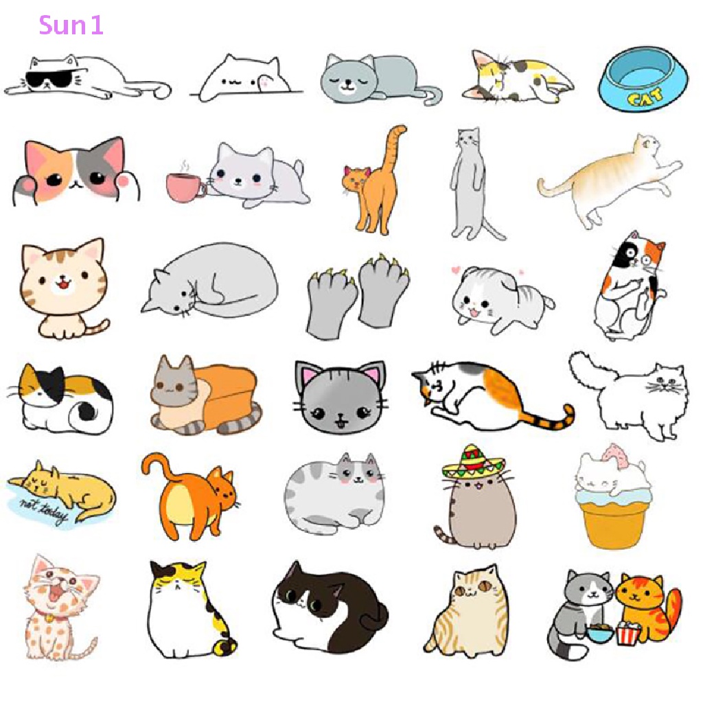 Túi 50 Miếng Dán Chống Nước In Hình Mèo Hoạt Hình Dễ Thương Dùng Trang Trí Sổ Tay / Máy Tính