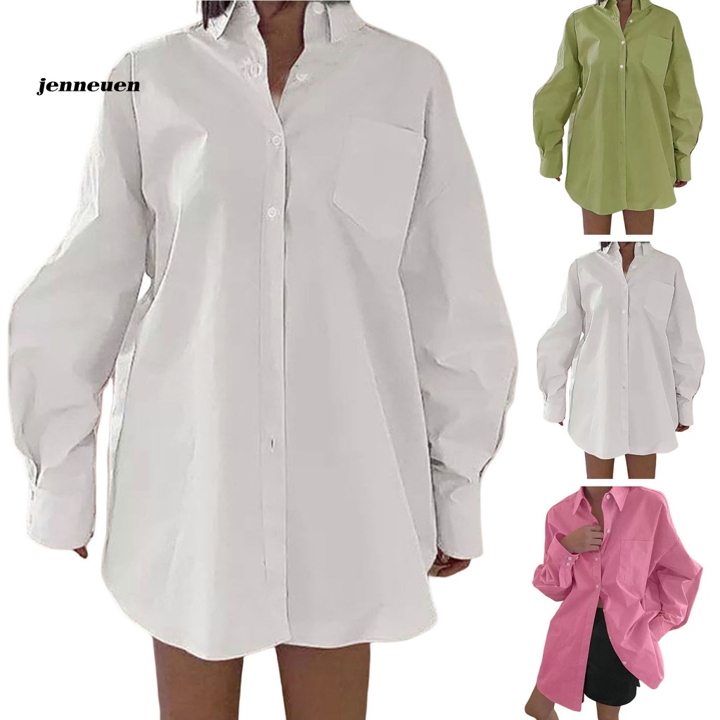 Áo Sơ Mi Dài Tay Màu Trơn Có Túi Thời Trang Cho Nữ