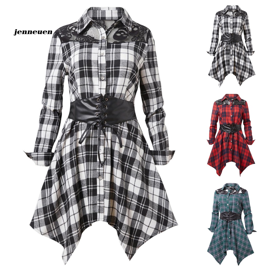 Áo Sơ Mi Cổ Bẻ Viền Ren Dáng Dài In Họa Tiết Kẻ Sọc Thiết Kế Lệch Tà Thời Trang Cho Nữ