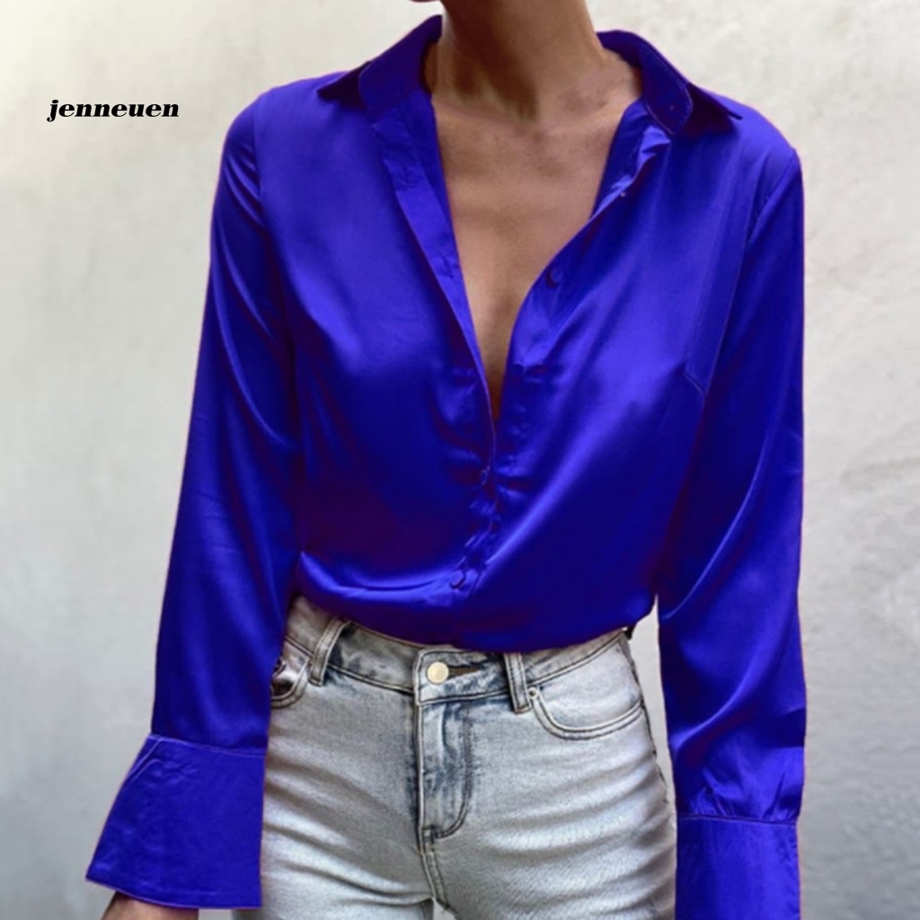 Áo Sơ Mi Tay Dài Vải Satin Màu Sắc Trơn Thời Trang Công Sở Dành Cho Nữ