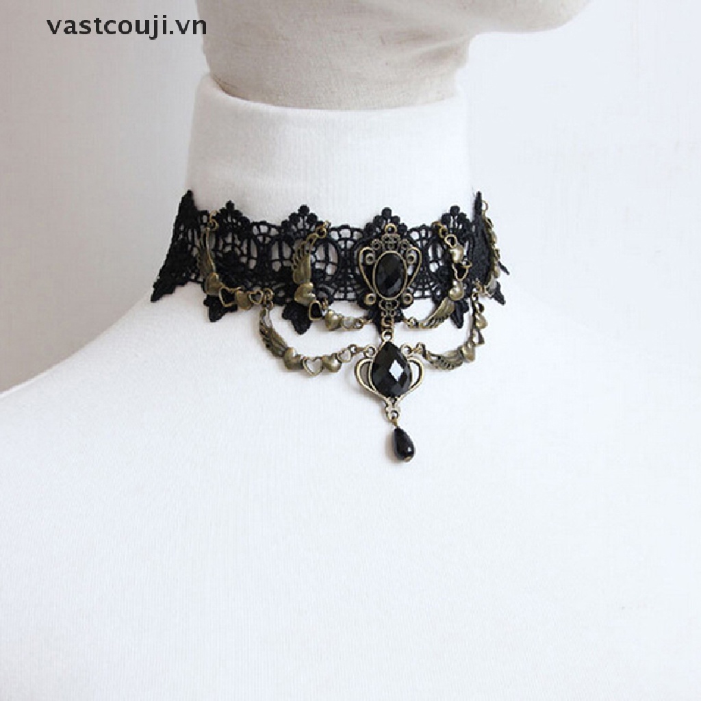 Vòng Cổ Choker Vải Ren Màu Đen Đính Đá Pha Lê Gợi Cảm VN