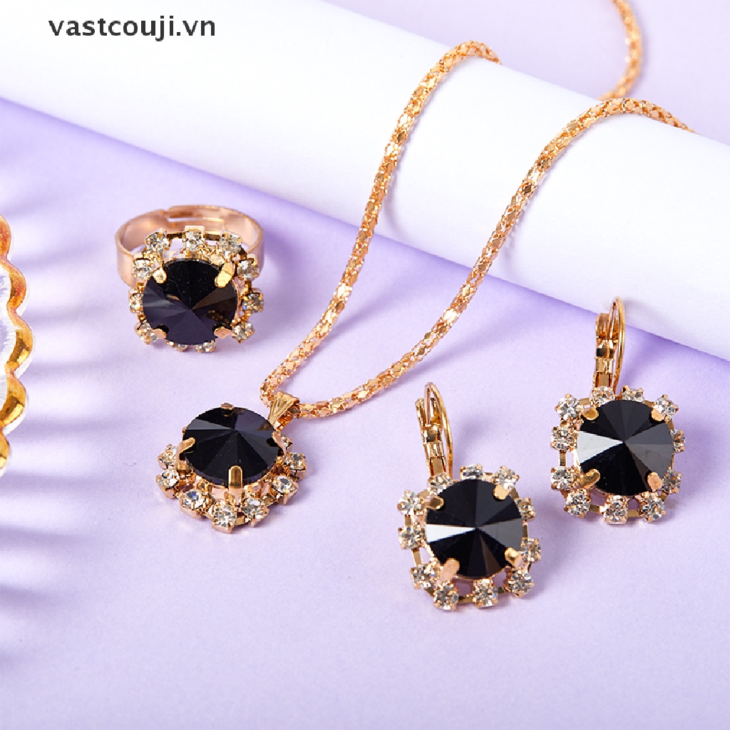 1 Set Vòng cổ + Nhẫn + Bông Tai Pha Lê Tròn Nhiều Màu Phong Cách Hàn Quốc Thời Trang Cho Nữ