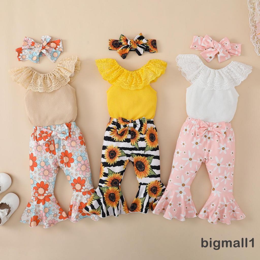 Set Áo Liền Quần Cổ Thuyền Không Tay + Quần Dài Ống Loe In Hoa + Băng Đô Màu Trơn Cho Bé Gái 0-18 Tháng Tuổi