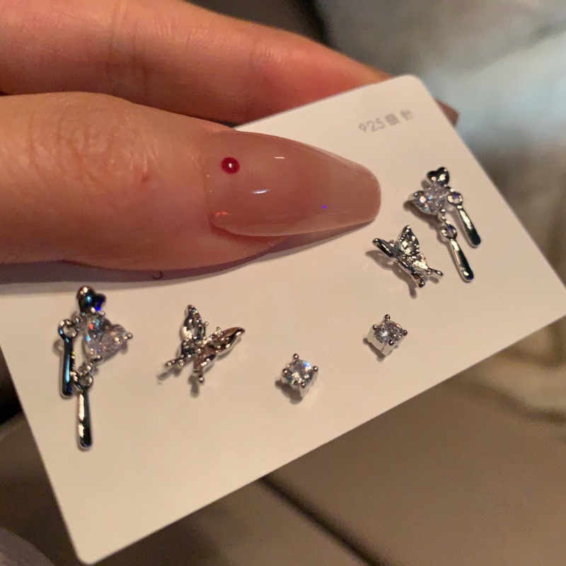 Set 6 Bông Tai Mạ Bạc Hình Bướm Chất Lượng Cao