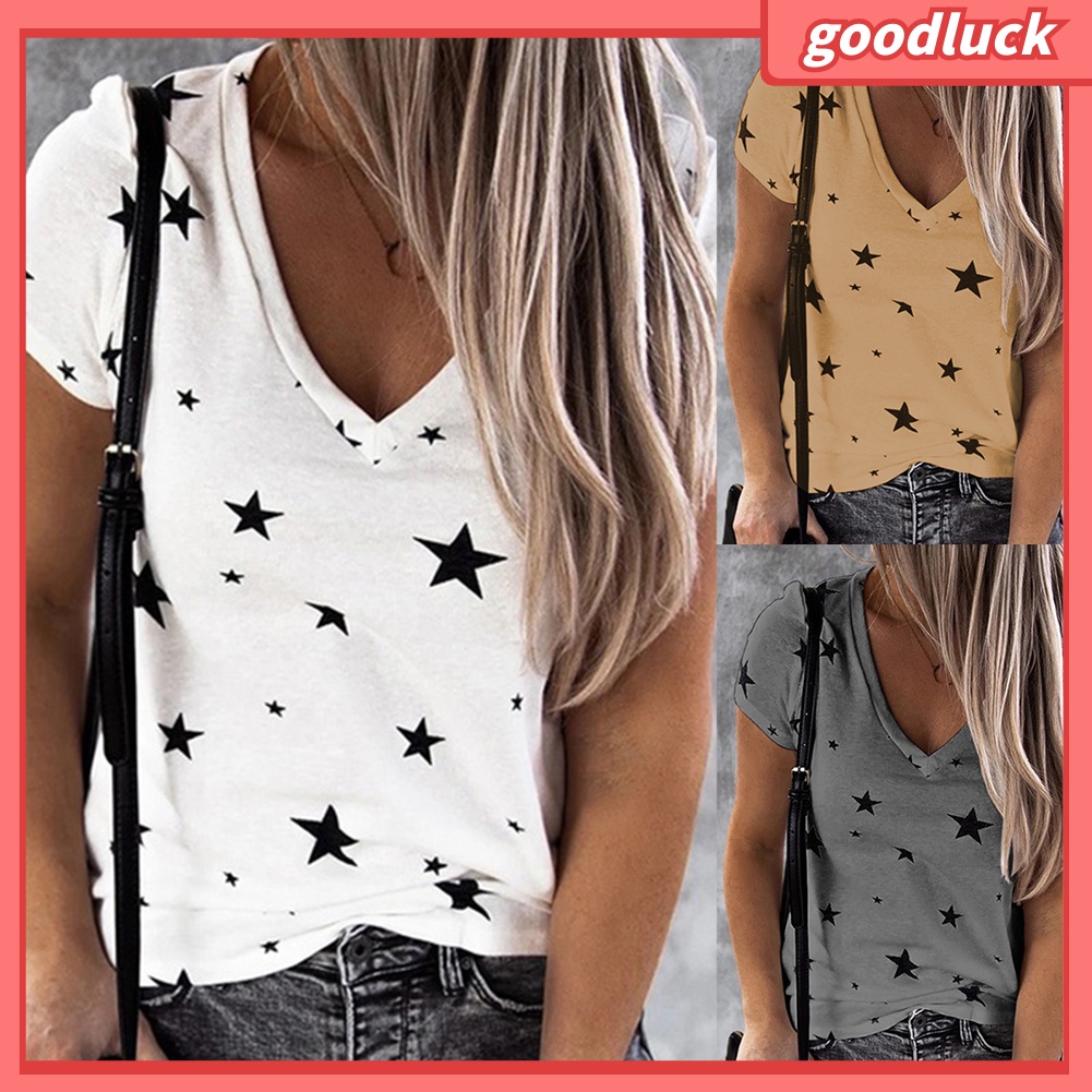 Áo Thun Tay Ngắn Cổ Chữ V Khoét Sâu In Họa Tiết Ngôi Sao Thời Trang Mùa Hè Cho Nữ