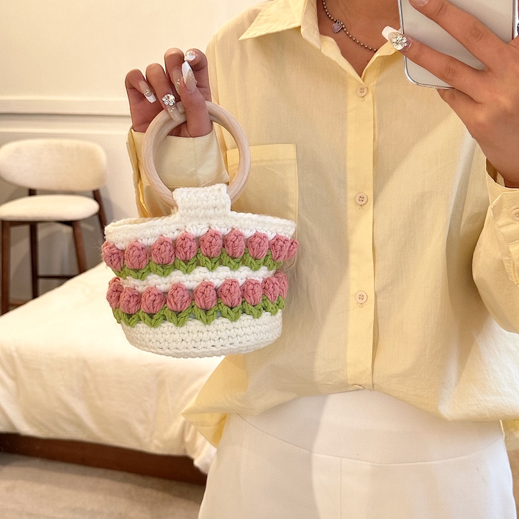 Túi Xách Đan Len Họa Tiết Hoa Tulip Mẫu Mới 2023 Thời Trang Mùa Hè Cho Nữ