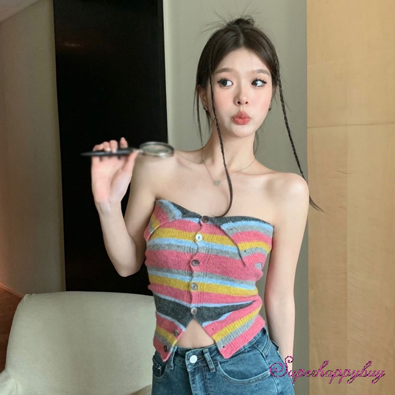 Áo Dệt Kim Trễ Vai Kẻ Sọc Thời Trang Cho Nữ