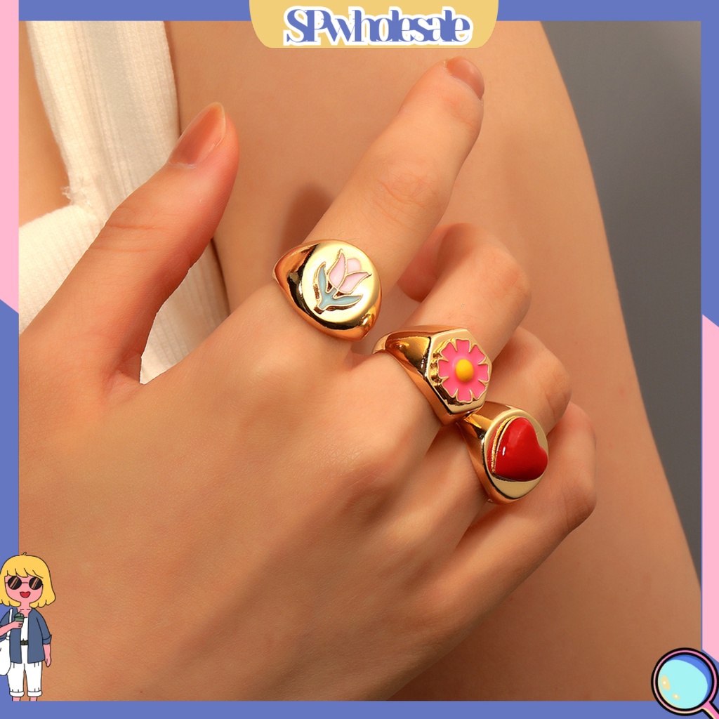 <SPwholesale> Nhẫn Mạ Điện Hình Học Tráng Men Hình Trái Tim Tráng Men Quyến Rũ Quà Tặng Trang Sức Hàng Ngày Cho Nữ