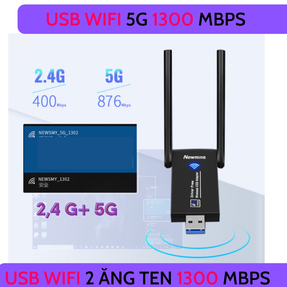 [Hỏa Tốc] USB Thu WiFi 1300 mbps 2 râu nâng cấp WiFi lên 5G cho pc laptop hút wifi mạnh, kích wifi thu tốt hơn | BigBuy360 - bigbuy360.vn