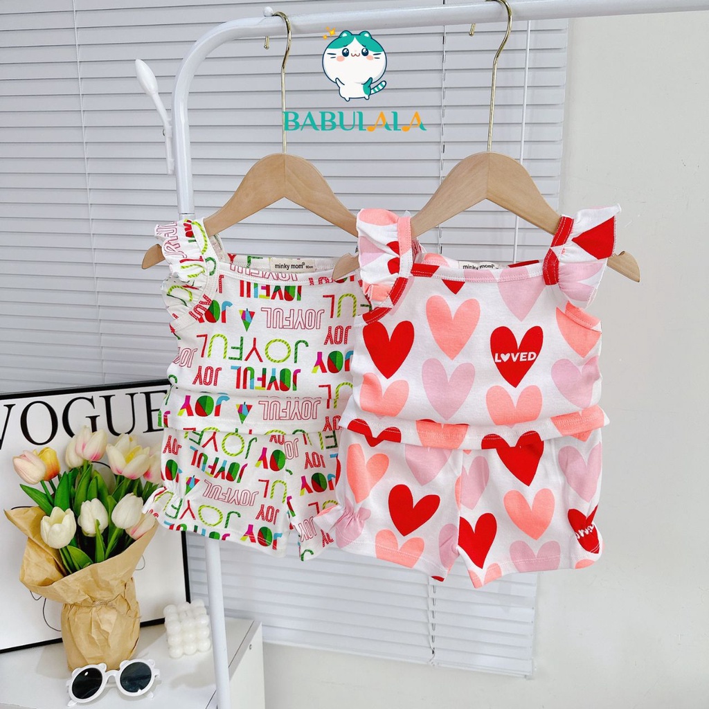 Đồ Bộ Bé Gái Ba Lỗ Tay Bèo Cotton Borip Minky Mom Chính Hãng Hoa Nhí Trái Tim Họa Tiết Cute Cho Bé 8-20kg - Babulala