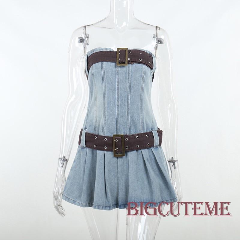 [] - Đầm Ống Denim Không Tay Hở Vai Đi Tiệc Xuân Hè Có Thắt Lưng Bản Rộng Cho Nữ