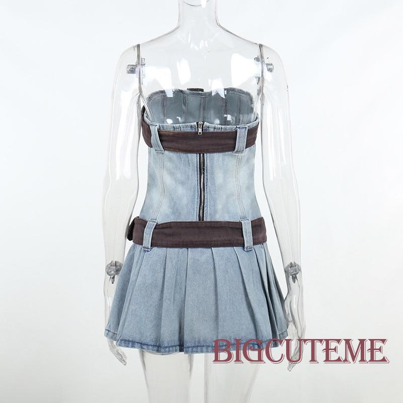 [] - Đầm Ống Denim Không Tay Hở Vai Đi Tiệc Xuân Hè Có Thắt Lưng Bản Rộng Cho Nữ