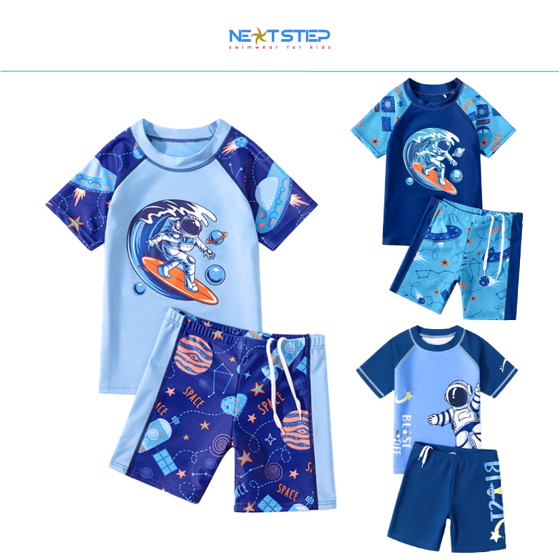 Đồ bơi bé trai, tay ngắn họa tiết phi hành gia, chất vải mềm mại, chống nắng có size cho bé từ 15kg – 40kg