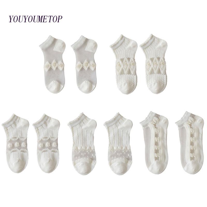 Youyo Đôi Vớ Cotton Màu Trắng Phối Lưới Sợi Thủy Tinh In Hoa Phong Cách Lolita Nhật Bản Ngọt Ngào Cho Nữ