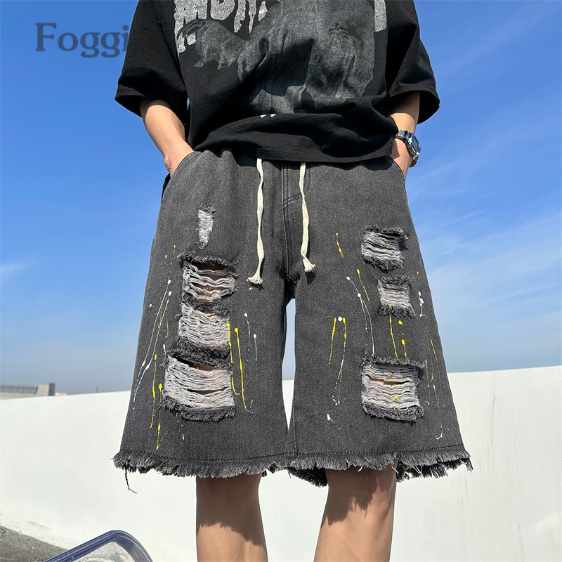 Quần Short Denim Rách Dáng Rộng Phong Cách Mỹ Thời Trang Mùa Hè Cho Nam