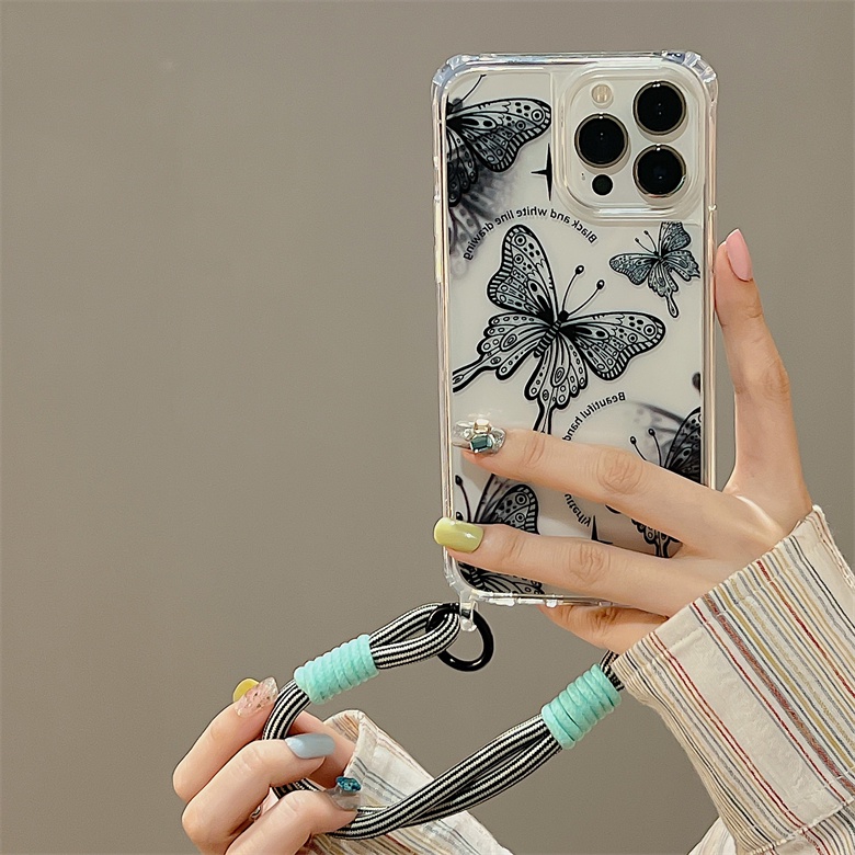 Ốp Điện Thoại Silicone tpu Mềm Trong Suốt Chống Sốc In Hình Bướm Đơn Giản Có Dây Đeo Cho iphone 12 14 13 11 Pro Max