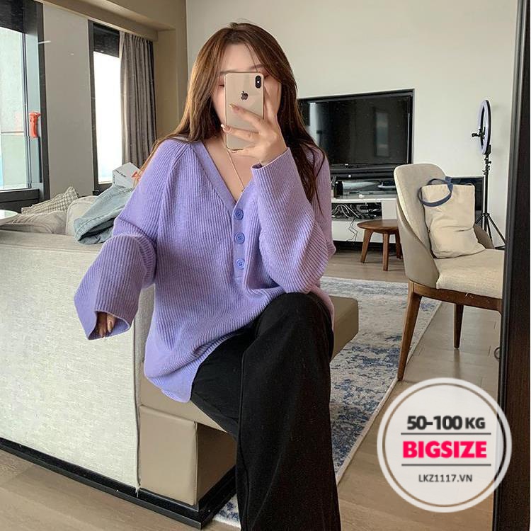 Áo len nữ kiểu Bigsize Áo len khoác cardigan nữ tay dài cổ chữ v from Rộng Phong cách Hàn Quốc cho người mập béo 50-100kg