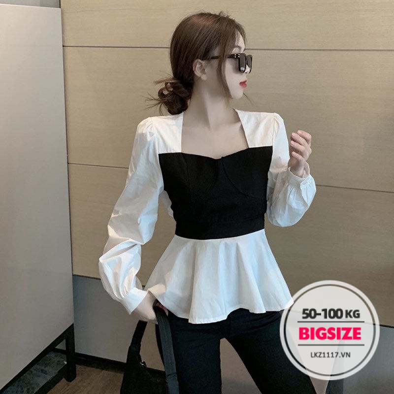 Áo sơ mi Bigsize Áo kiểu nữ dáng suông tay dài cổ vuông mùa hè Phong cách Hàn Quốc Thời Trang tiểu thư cá tính xinh đẹp cho người mập béo