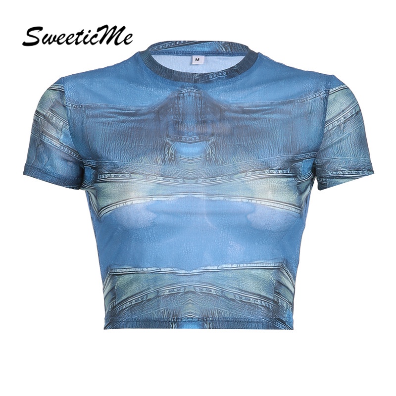 Áo Thun Crop Top Tay Ngắn Cổ Tròn Dáng Ôm In Họa Tiết Giả Denim Thời Trang 2023 Cho Bạn Gái