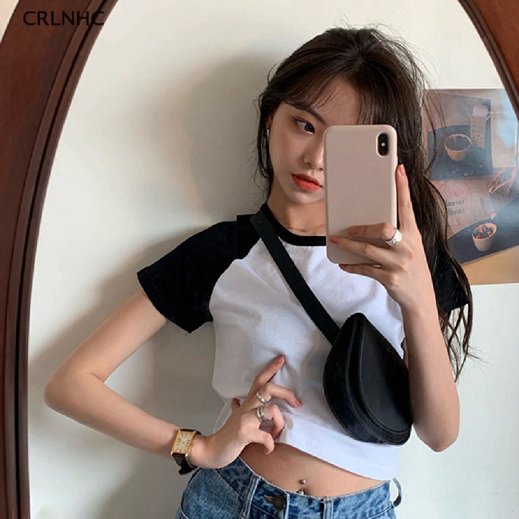 CRLNHC Áo Thun Croptop Tay Ngắn Cổ Tròn Màu Sắc Tương Phản Thời Trang Mùa Hè Cho Nữ