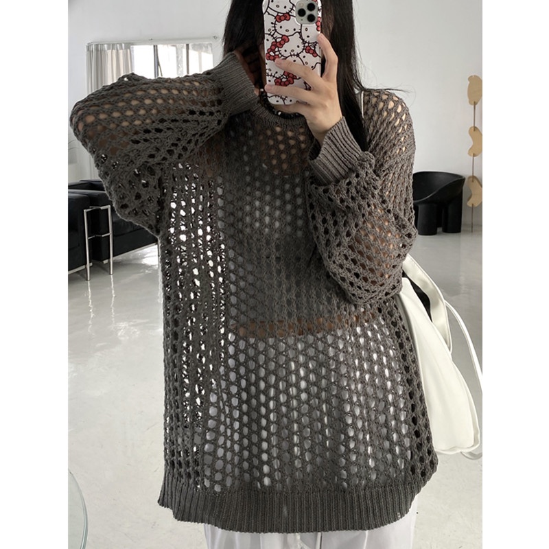 Áo Dệt Kim Mỏng Tay Dài Dáng Rộng Thiết Kế Độc Đáo Cho Nữ