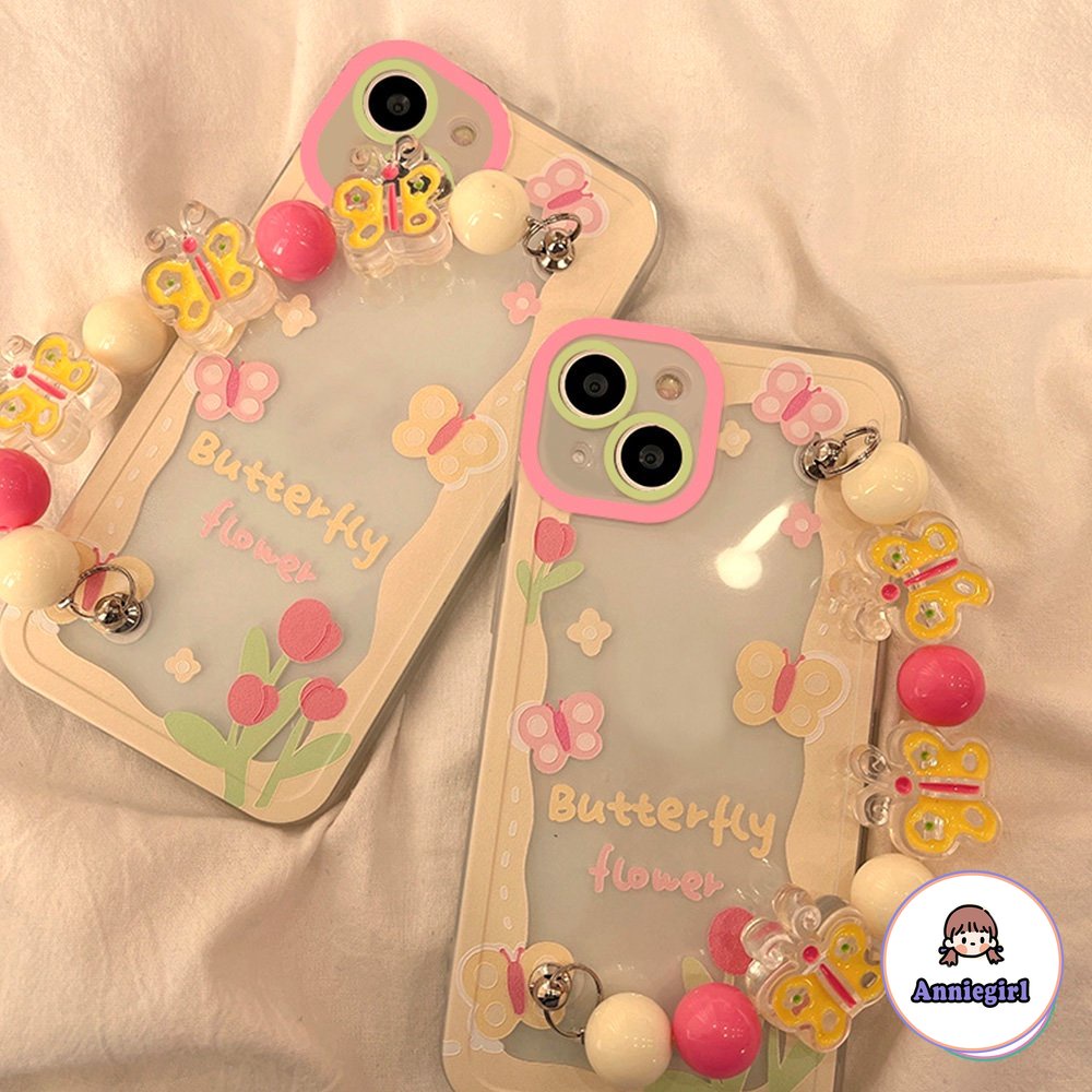Ốp Điện Thoại TPU Mềm Dày Hình Hoa Tulip / Bướm / Ngọc Trai Gắn Dây Đeo Cổ Tay Cho IPhone 14 12 11 Pro Max