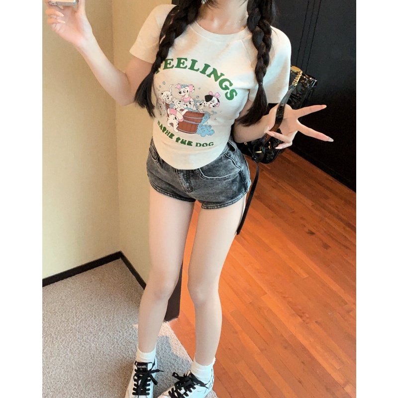 Áo Thun Ngắn Tay Dáng Ôm In Họa Tiết Hoạt Hình Cún Con Đáng Yêu Thời Trang Mùa Hè Cho Nữ
