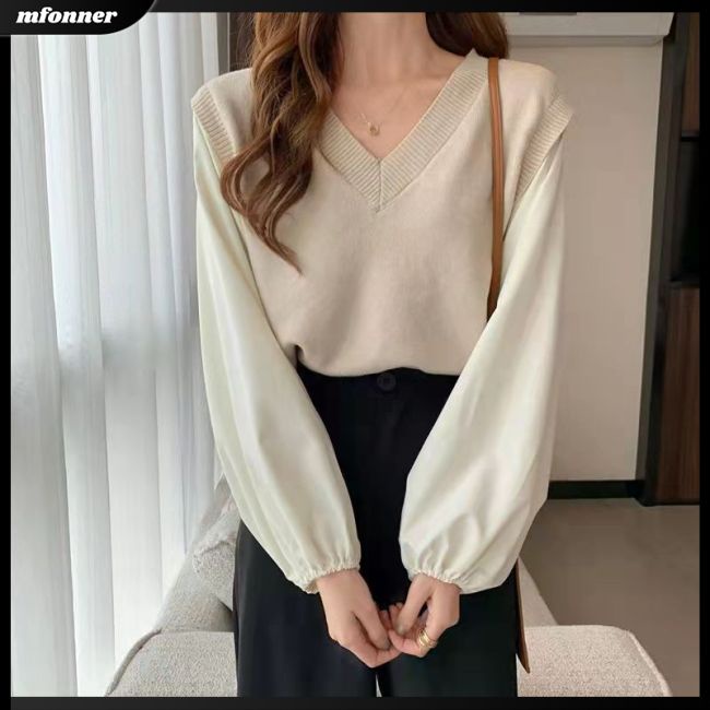 Áo Sweater Dệt Kim Tay Dài Cổ Chữ V Màu Sắc Ngọt Ngào Cho Nữ