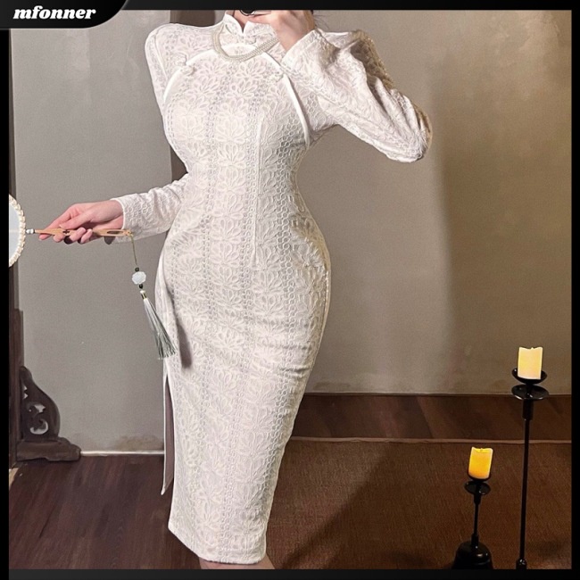 Đầm Sườn Xám Tay Dài Cổ Đứng Ôm Dáng Màu Trơn Thanh Lịch Cho Nữ