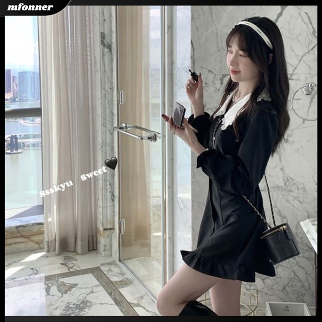 Đầm Ngắn Tay Dài Cổ Búp Bê Màu Sắc Trơn Ôm Dáng Quyến Rũ Cho Nữ