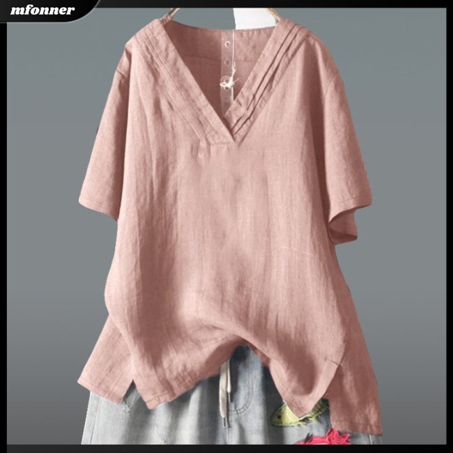 Áo Sơ Mi Cotton Lanh Tay Ngắn Dáng Rộng Cổ Chữ V Nhiều Màu Sắc Thời Trang Mùa Hè Cho Nữ