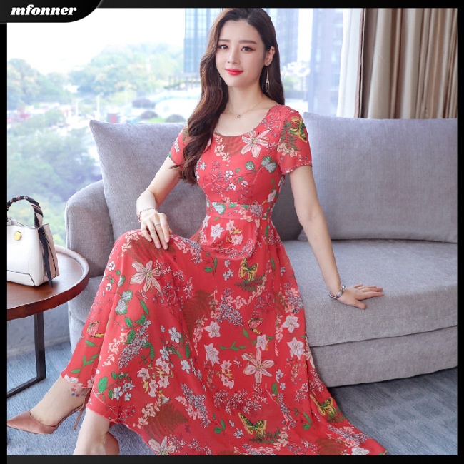 Đầm Dáng Chữ A Cổ Tròn Eo Cao In Họa Tiết Hoa Xinh Xắn Thời Trang Mùa Hè Cho Nữ
