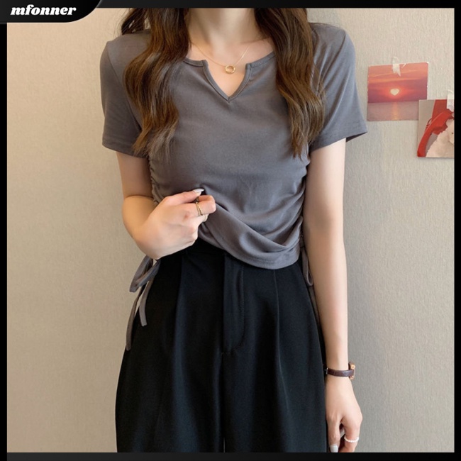 Áo Thun Tay Ngắn Cổ Chữ V Màu Sắc Thời Trang Gợi Cảm Cho Nữ