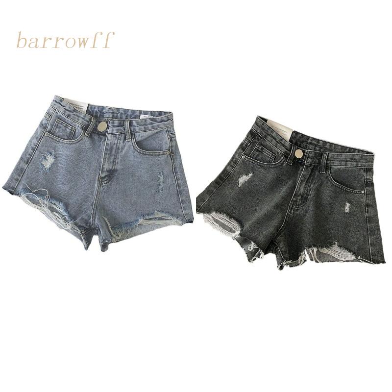 Brroa Quần Short Denim Cạp Cao Ống Rộng Rách Tua Rua Retro Hàn Quốc Cho Nữ Giới