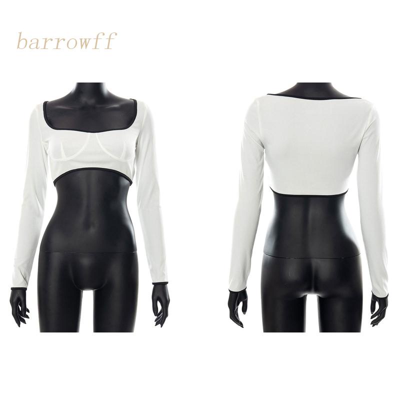 Brroa Áo Croptop Tay Dài Cổ Khoét Sâu Màu Sắc Tương Phản Dáng Ôm Quyến Rũ Cho Nữ
