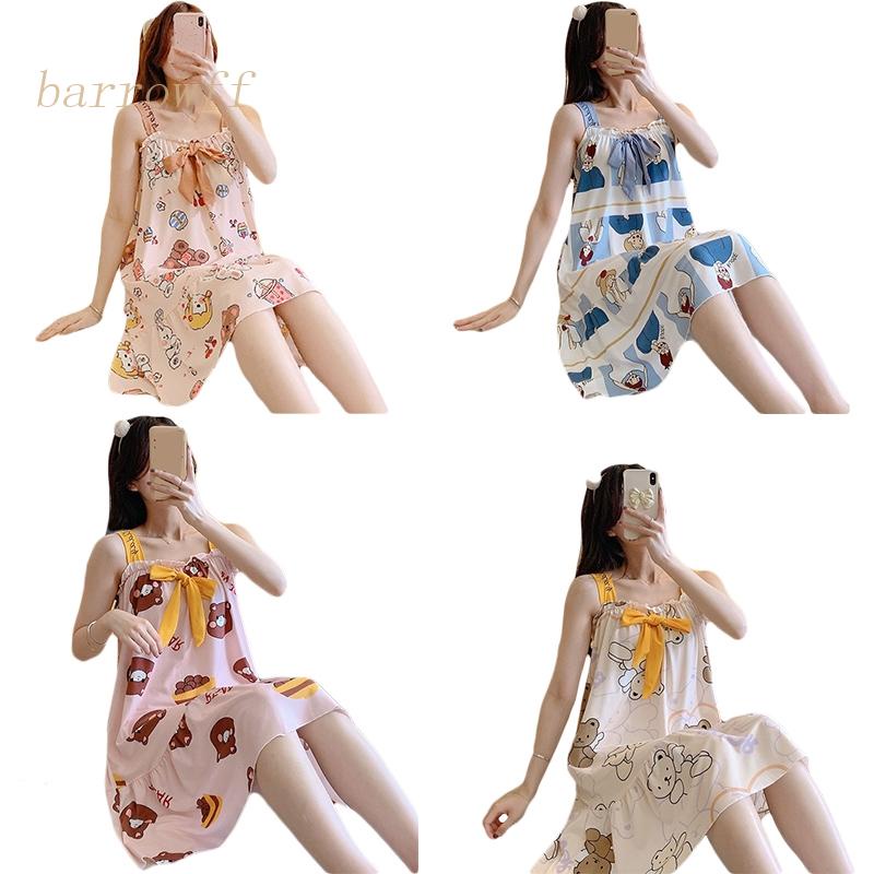 Brroa Đầm Ngủ Hai Dây Không Tay Phối Bèo In Họa Tiết Hoạt Hình Dễ Thương Thời Trang Mùa Hè Cho Nữ